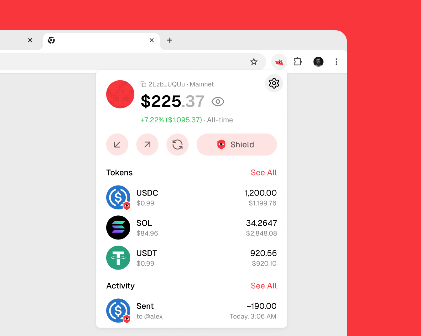 Loyal browser extension wallet showing balance, tokens, and the Shield action